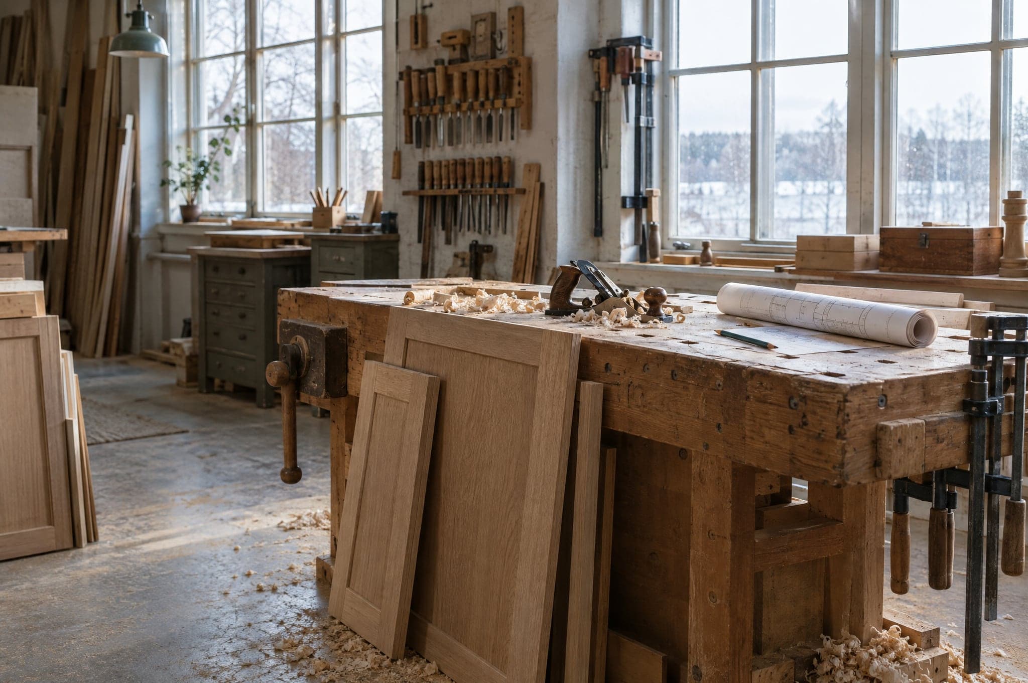 A joinery workshop with a kitchen carcass on the bench and drawings pinned to the wall