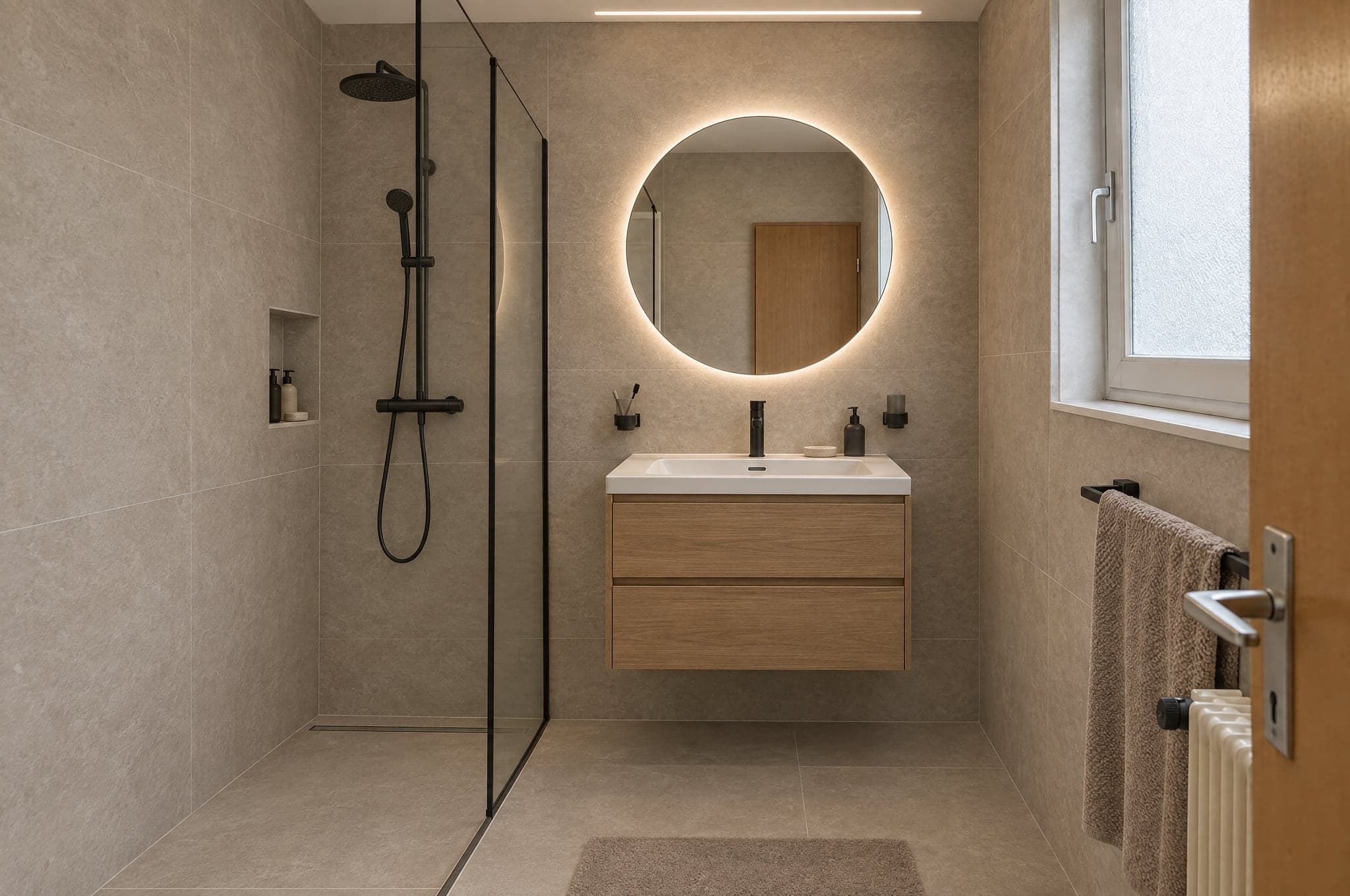 A tiled 1980s bathroom rendered with large-format stone, a walk-in shower and an oak vanity